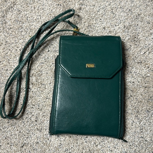 Vintage small crossbody green leather purse carryall multi-pocket mini bag - Picture 1 of 7